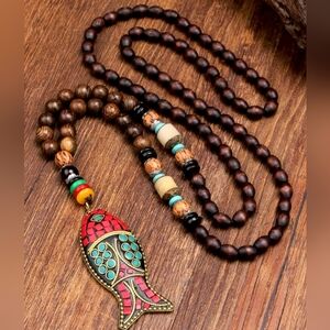 Long Sweater Necklace 20" Stone Bead Red Blue Pisces Fish Jewelry Boho Necklaces